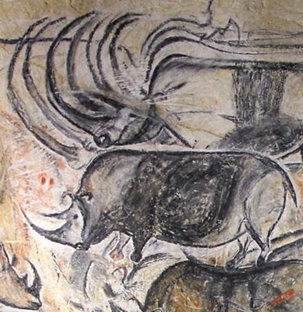 A) Abbe Breuil in Lascaux caves 

B) Representation of hut carved on cave wall at La Mouthe