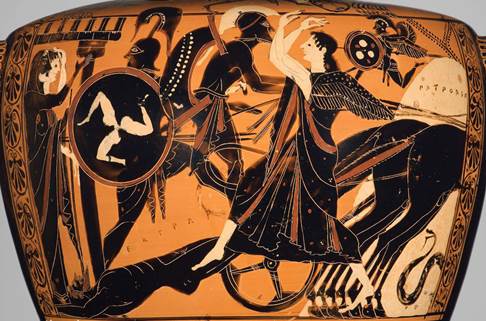 Achilles & Body of Hector | Attic black figure vase painting