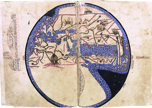 Al-Ma'mūn World Map, copy in Ibn Faḍlallāh al-‛Umarī, Al-Masālik al-Abṣār fī Mamālik al-Amṣār, ca. 1340, Topkapı Sarayı Museum, MS Ahmet III 2797, fols. 292r.-293v.